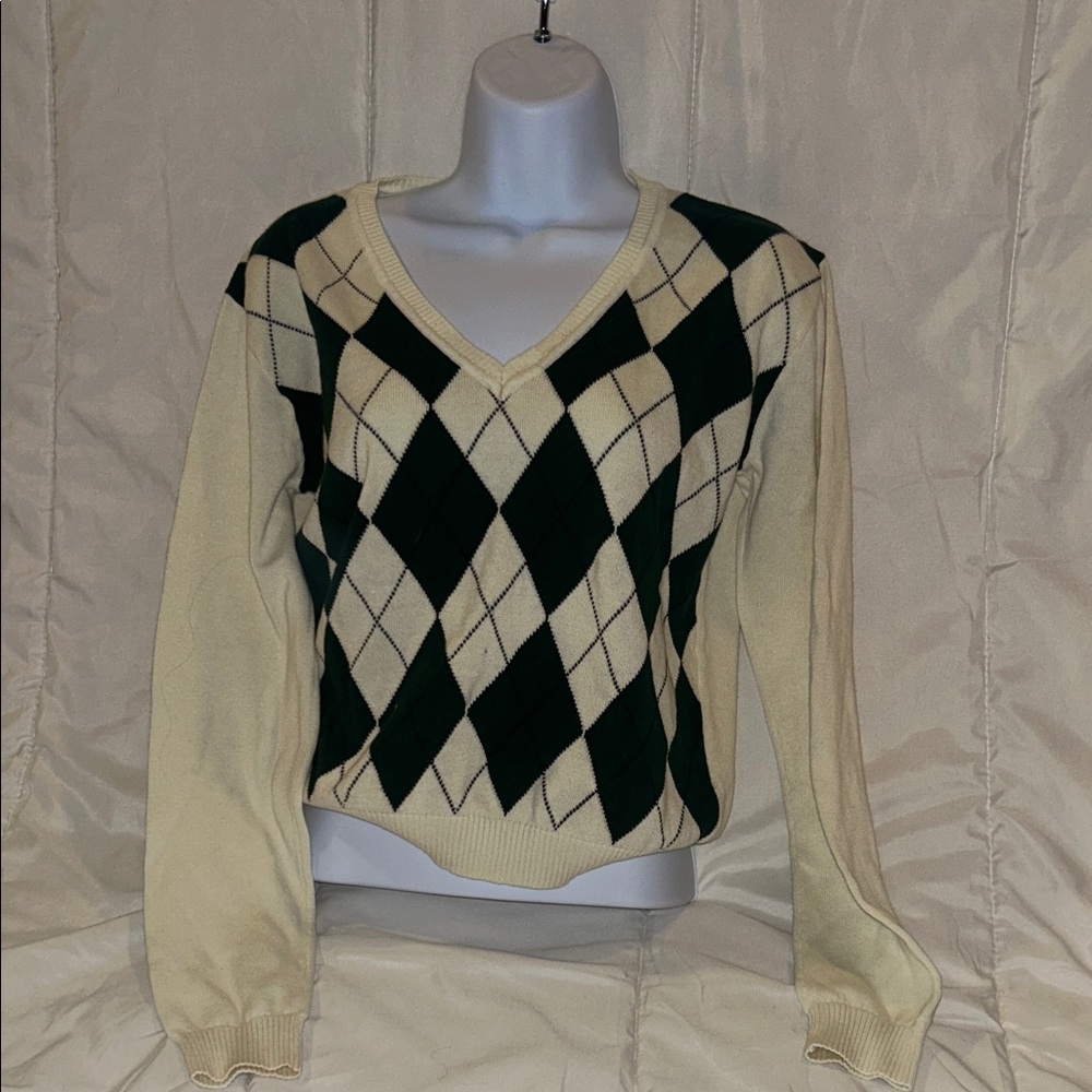 Brandy Melville Cream and Green Argyle V-Neck Sweater